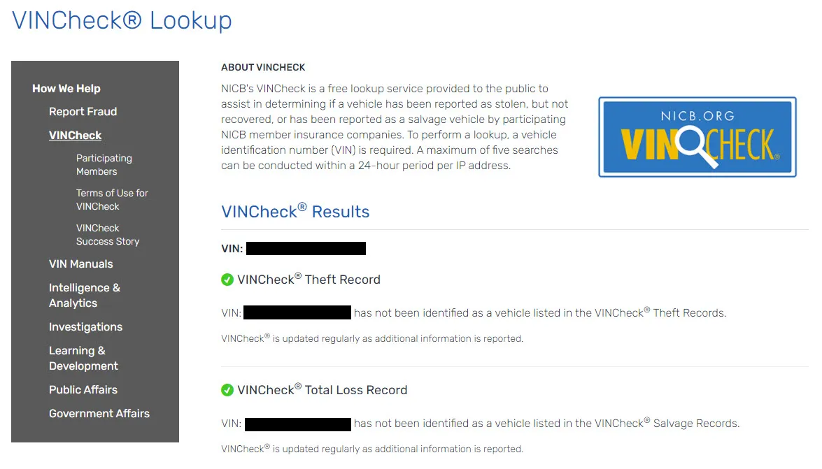 NCIB VINCheck Result from VINCheck Search