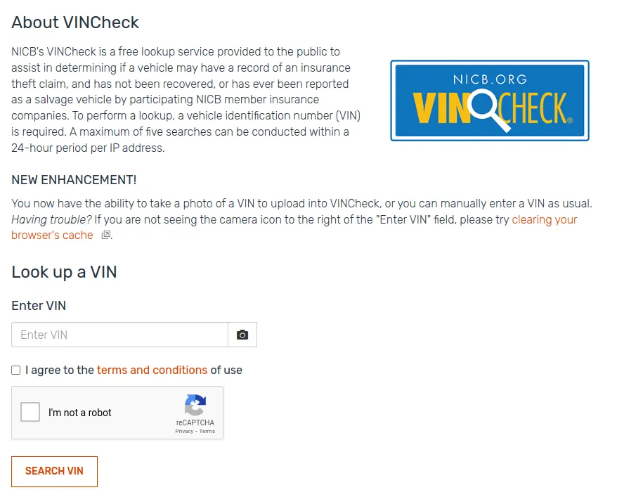 VINCheck Screenshot NCIB VINCheck